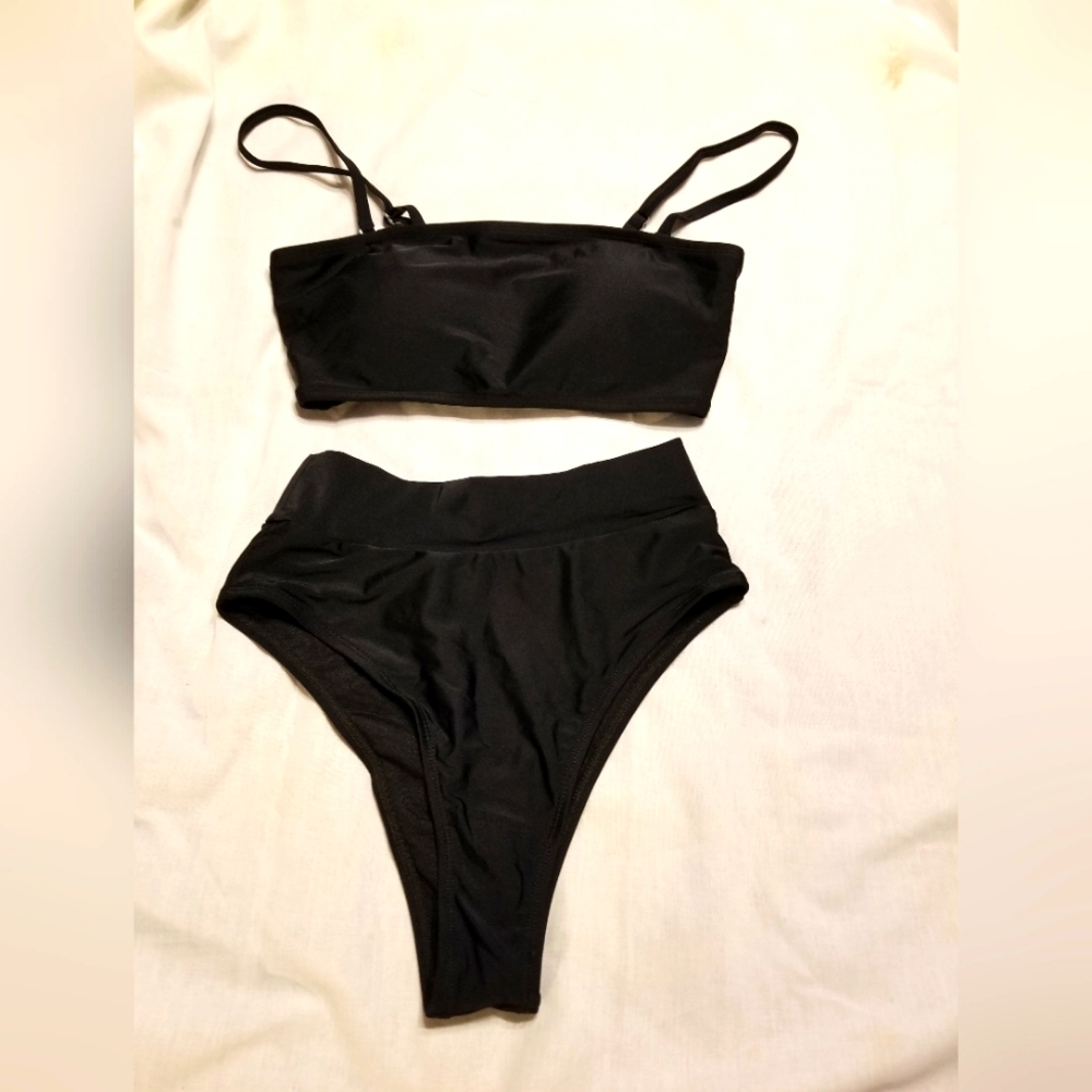 NWOT 2 pc bikini strapless adj strap high waist s